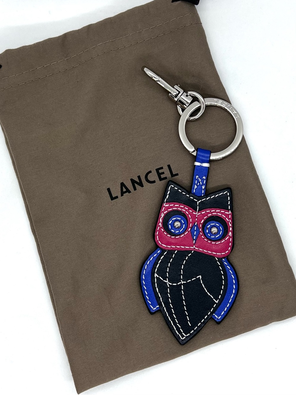 Lancel Owl Leather Keychain Multicolor Bag Charm Key Ring France